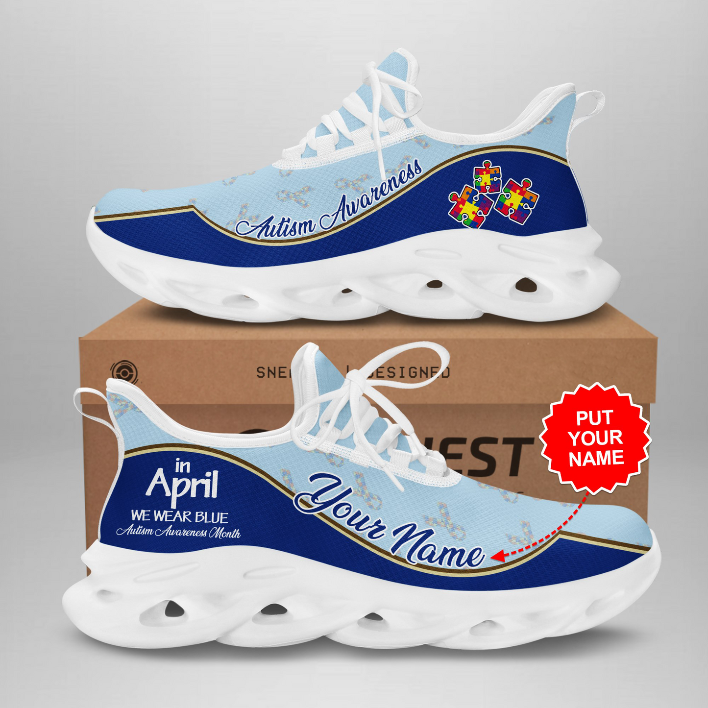 Personalied - Autism Awareness In April We Wear Blue Max Soul Shoes Clunky Sneakers