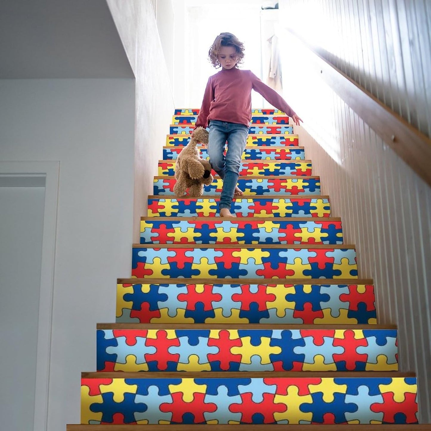 Puzzle Autism Awareness 13 Strips Stair Risers Stickers Peel and Stick Stair Decals Waterproof Removable Self-Adhesive Staircase Stickers Decoration