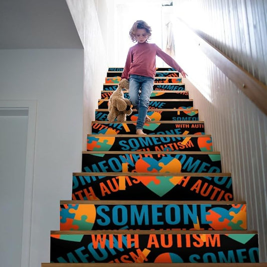 I Love Someone with Autism 13 Strips Stair Risers Stickers Peel and Stick Stair Decals Removable Self-Adhesive Staircase Stickers Decor for Steps