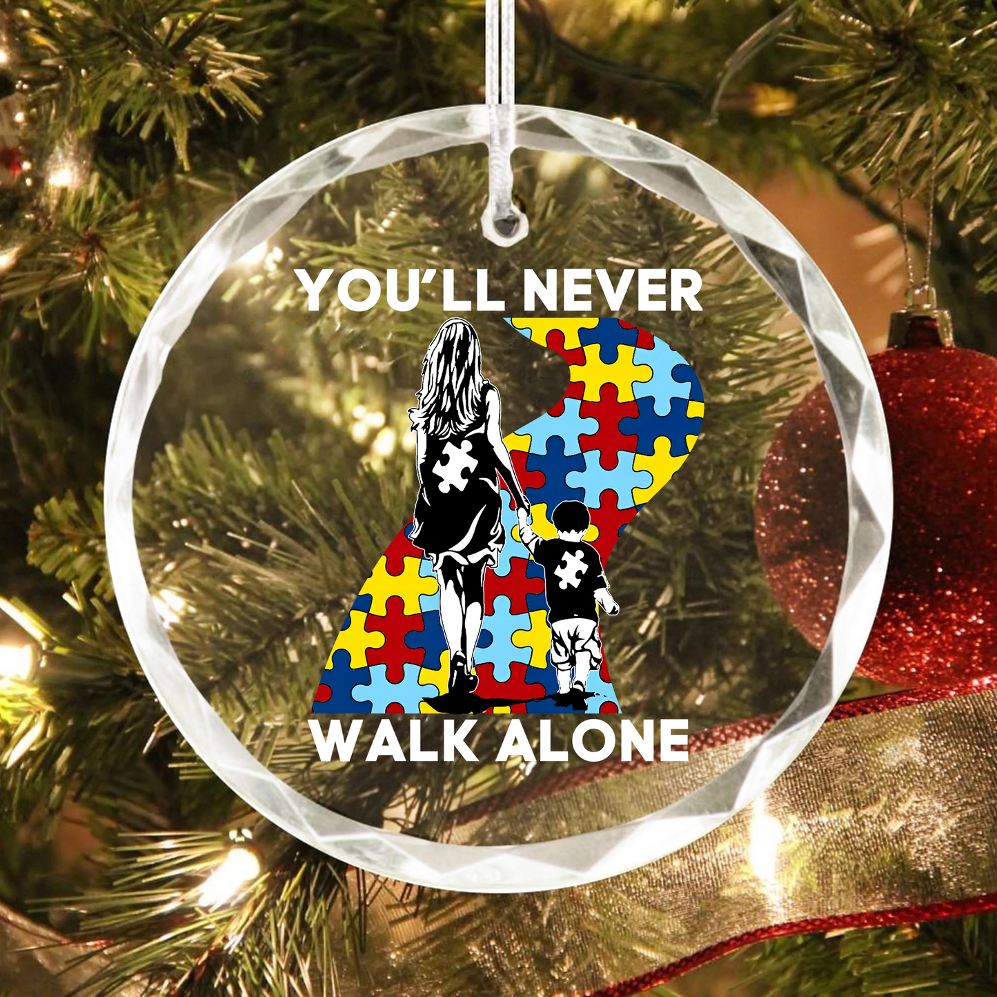 Mom And Son - You Will Never Walk Alone Round Shaped Glass Ornament