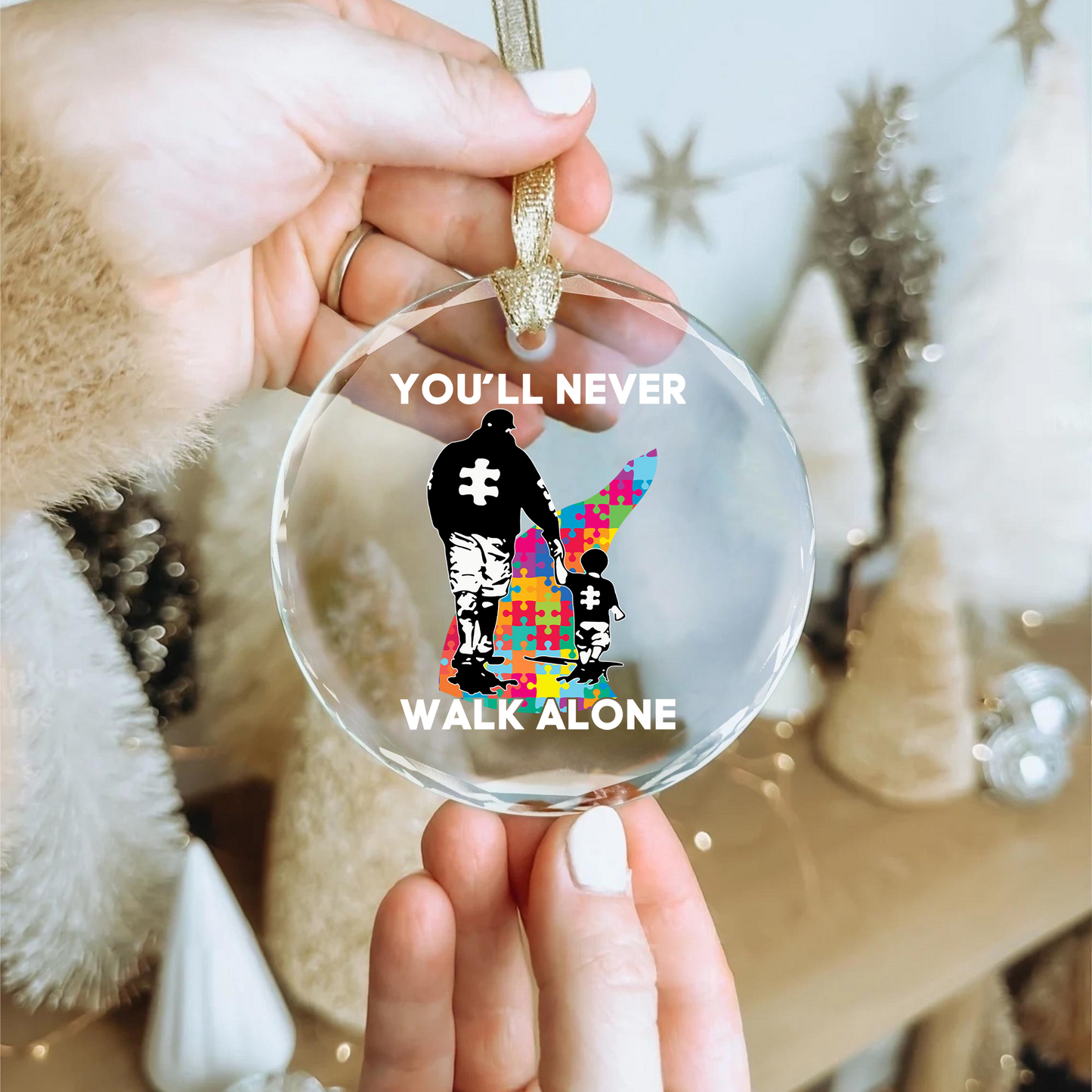 Dad And Son - You Will Never Walk Alone Round Shaped Glass Ornament