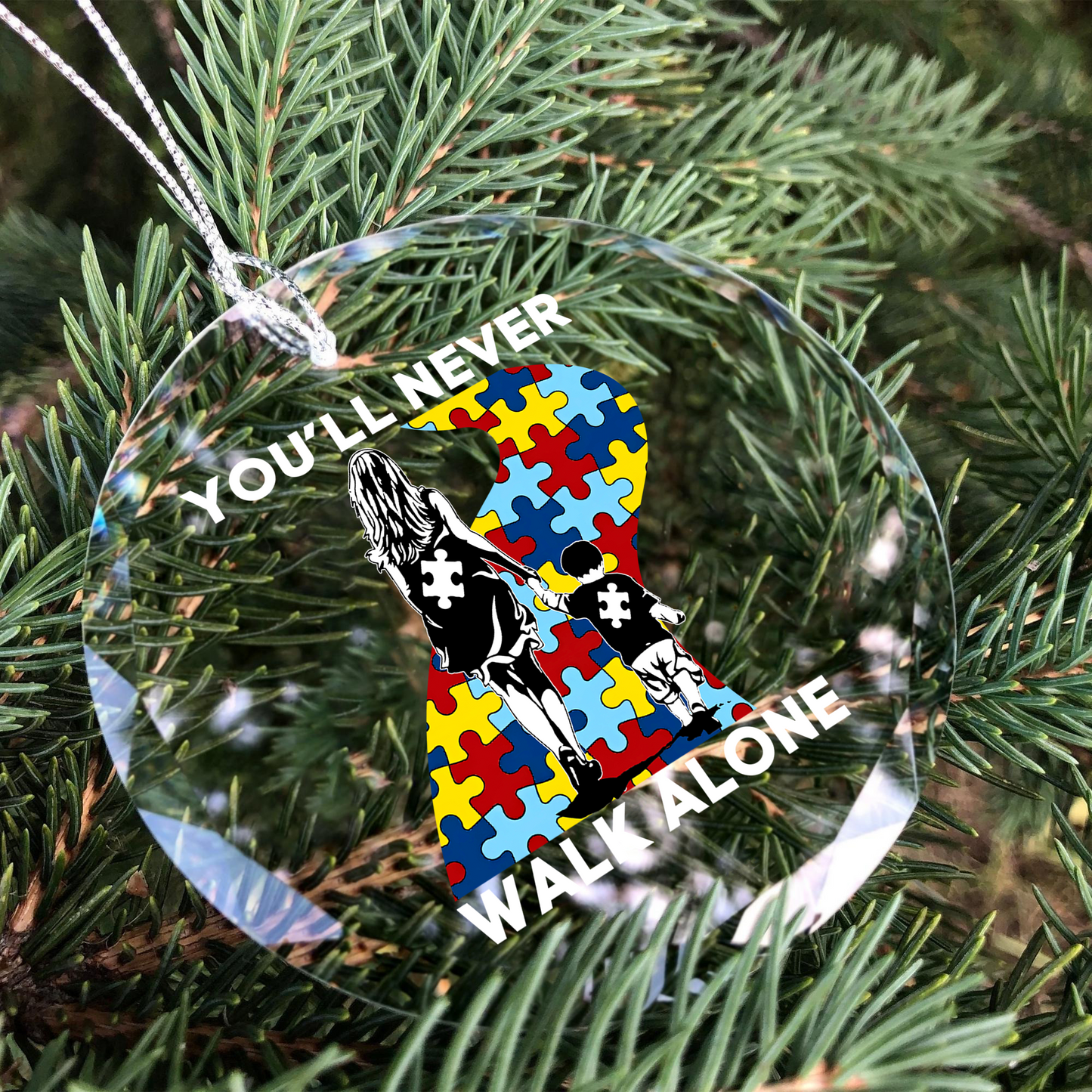 Mom And Son - You Will Never Walk Alone Round Shaped Glass Ornament