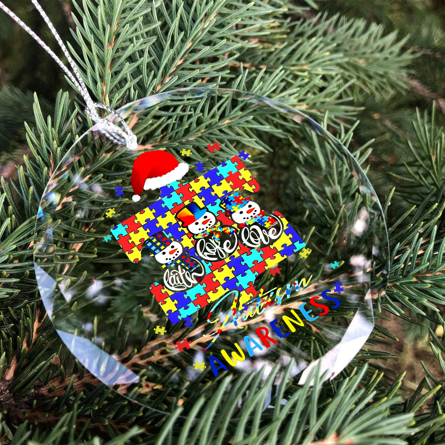 Faith Hope Love Autism Awareness Christmas Round Shaped Glass Ornament