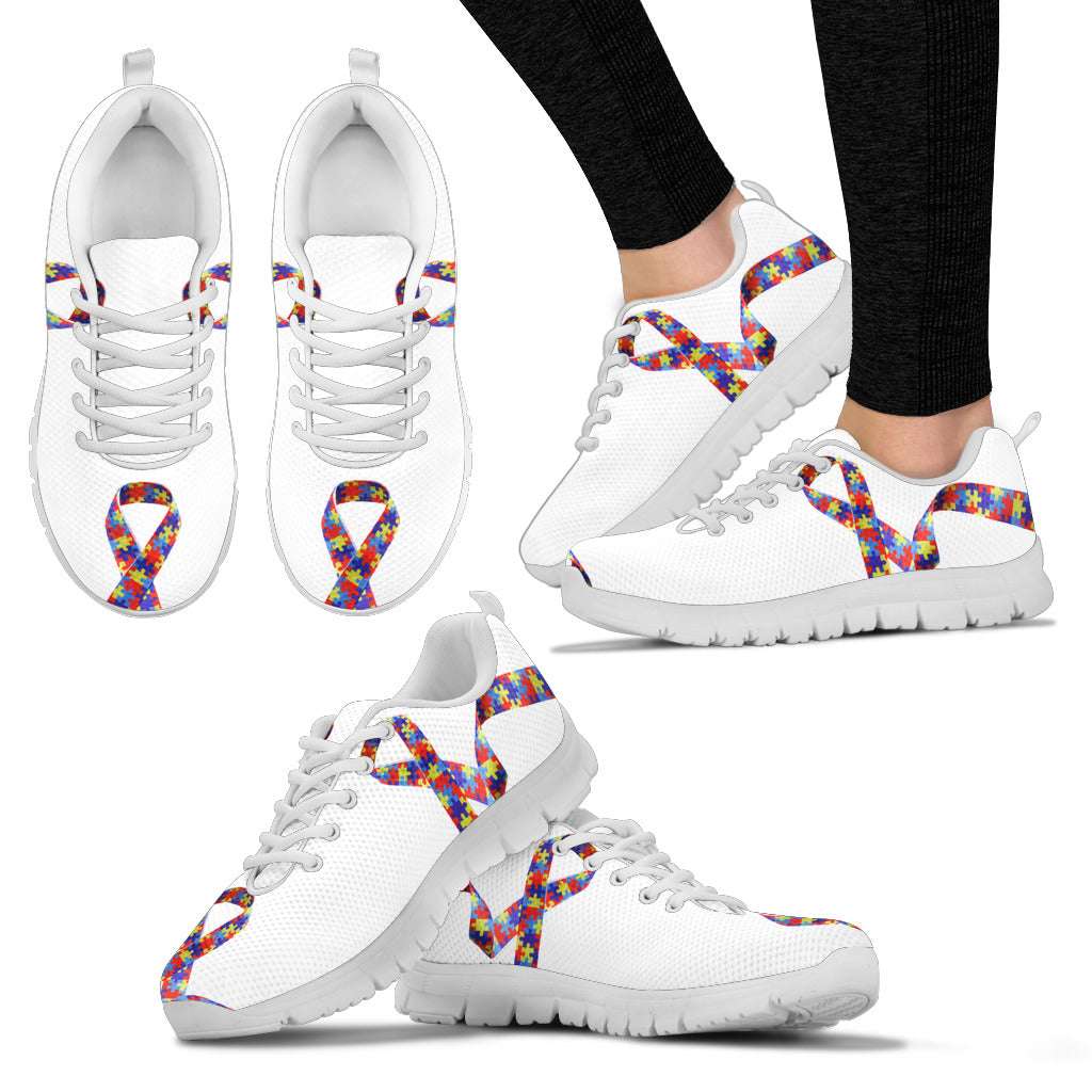 Autism Awareness All White Autism Ribbon Puzzle Pieces Fitness Sneakers Shoes