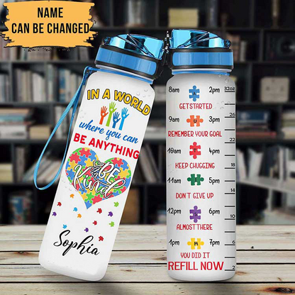 Personalized Autism Water Tracker Bottle Be Kind