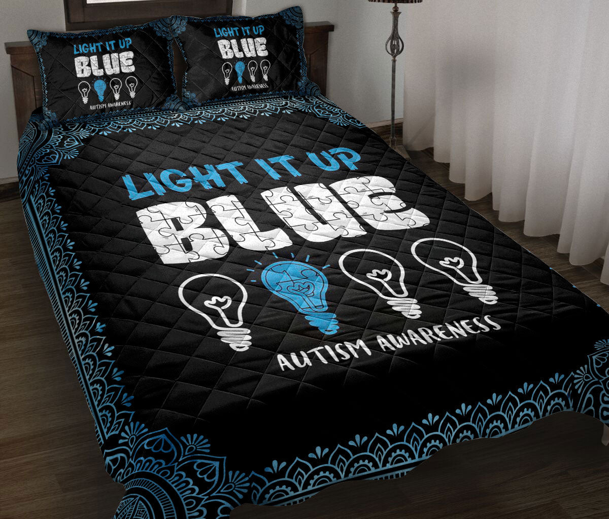 Autism Quilt Bedding Set : Autism Awareness Light It Up Blue