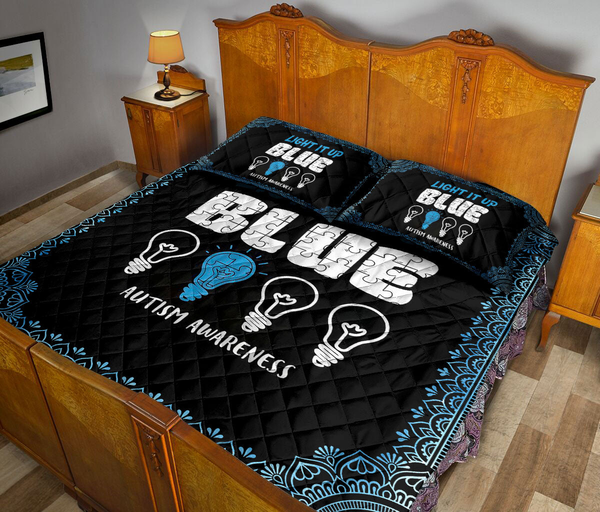 Autism Quilt Bedding Set : Autism Awareness Light It Up Blue