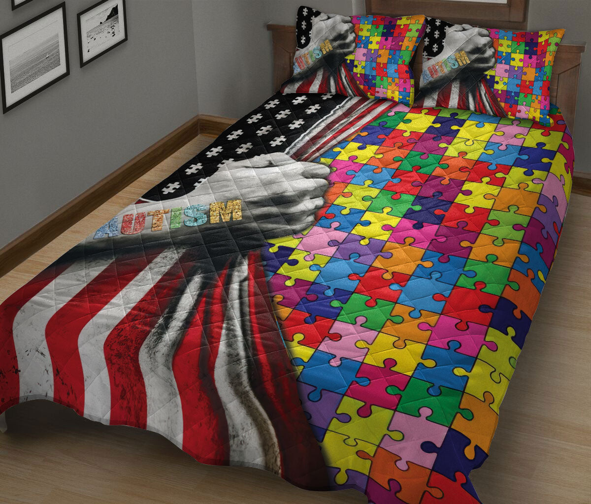 Autism Quilt Bedding Set : Autism Awareness American Us Flag