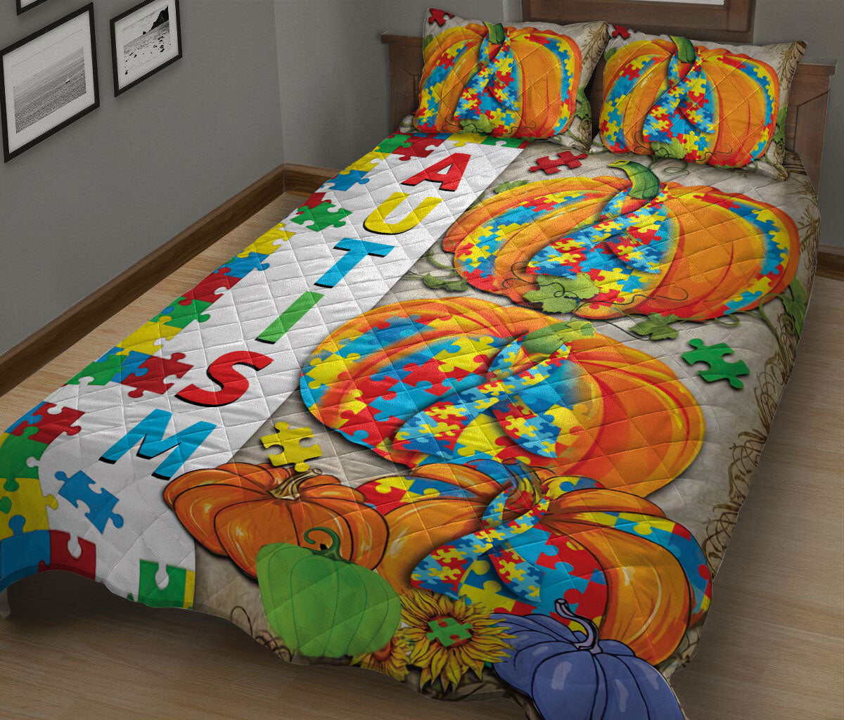 Autism Quilt Bedding Set : Autism Awareness Pumpkin Support