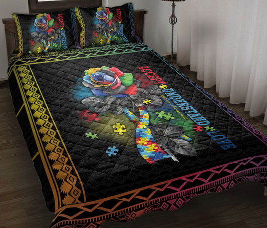 Autism Quilt Bedding Set : Autism Awareness Accept Understand Love Rose Flower Floral