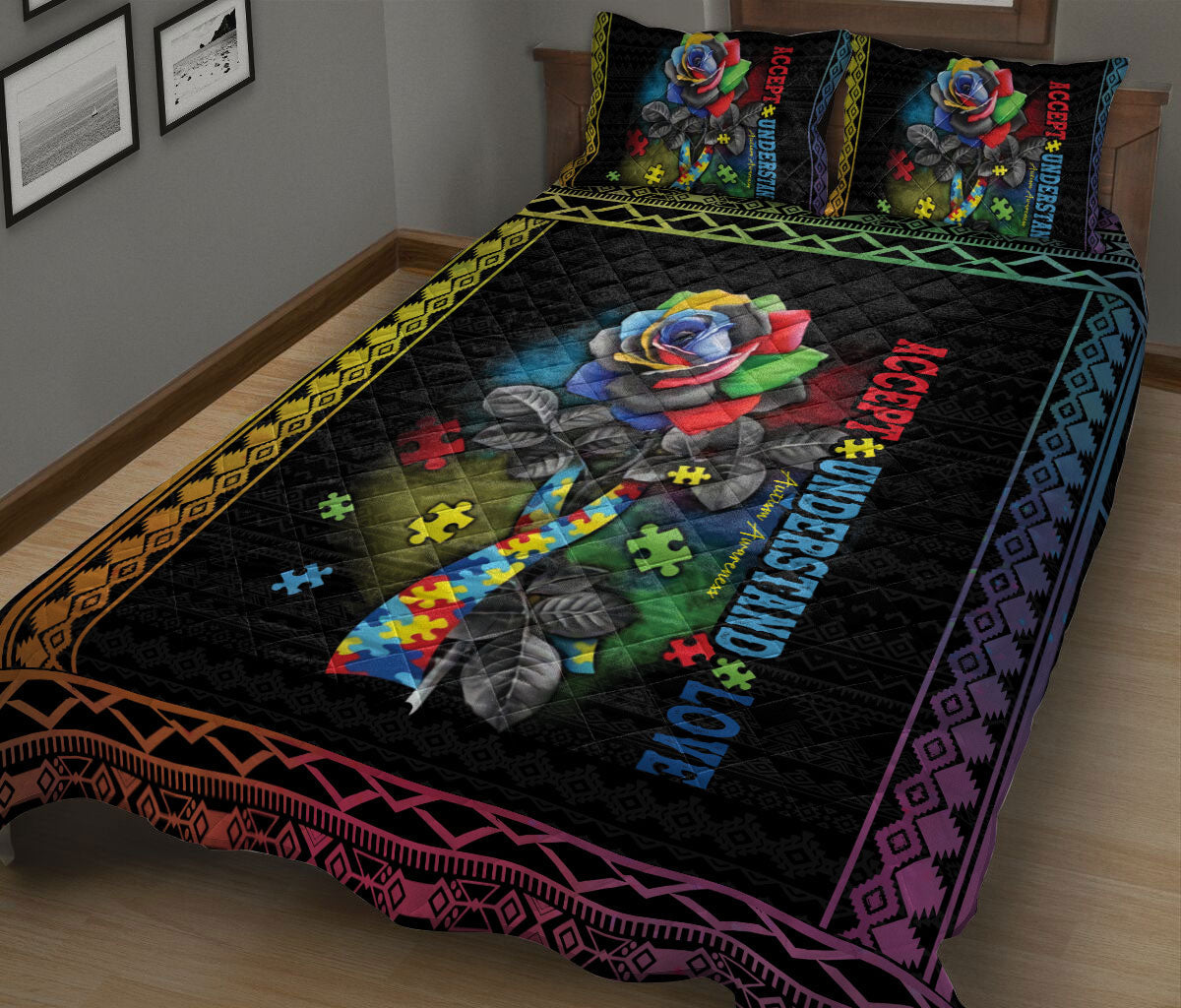 Autism Quilt Bedding Set : Autism Awareness Accept Understand Love Rose Flower Floral