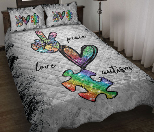 Autism Quilt Bedding Set : Peace Love Autism Support Grey