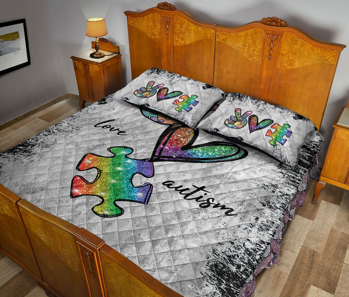 Autism Quilt Bedding Set : Peace Love Autism Support Grey