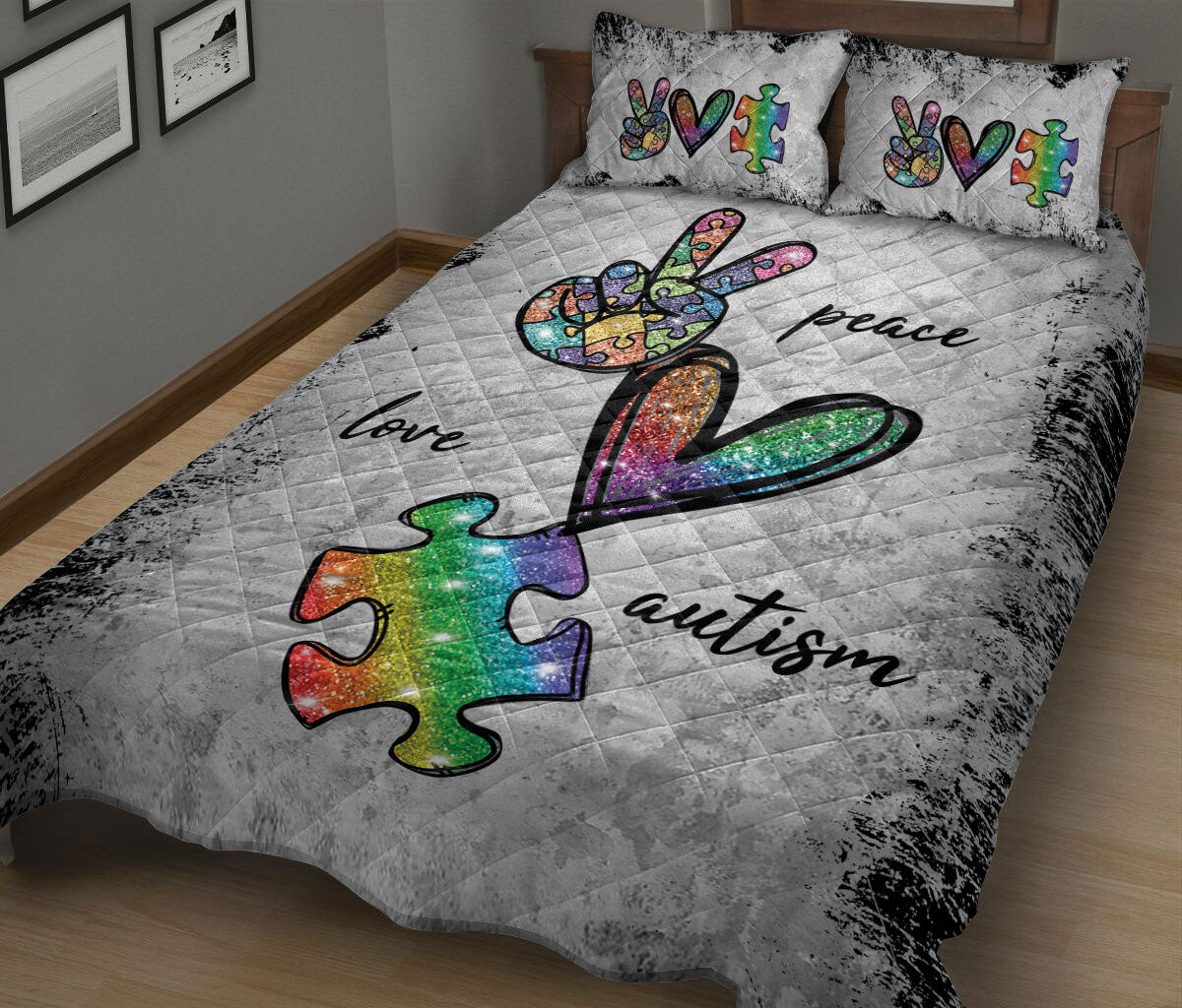 Autism Quilt Bedding Set : Peace Love Autism Support Grey