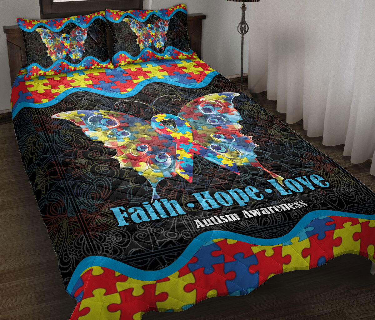 Autism Quilt Bedding Set : Autism Awareness Butterfly F-H-L