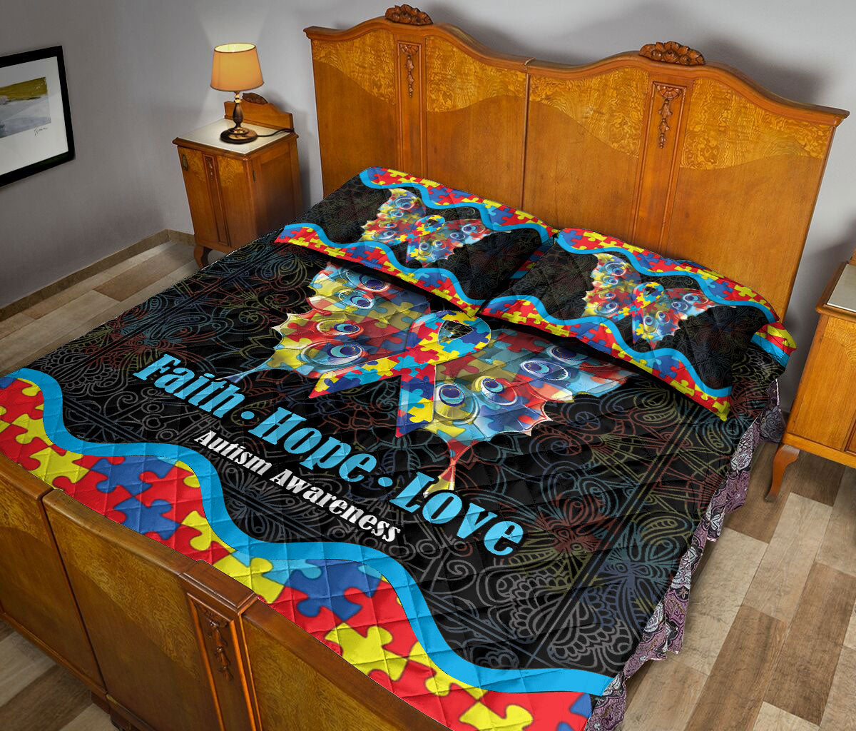 Autism Quilt Bedding Set : Autism Awareness Butterfly F-H-L