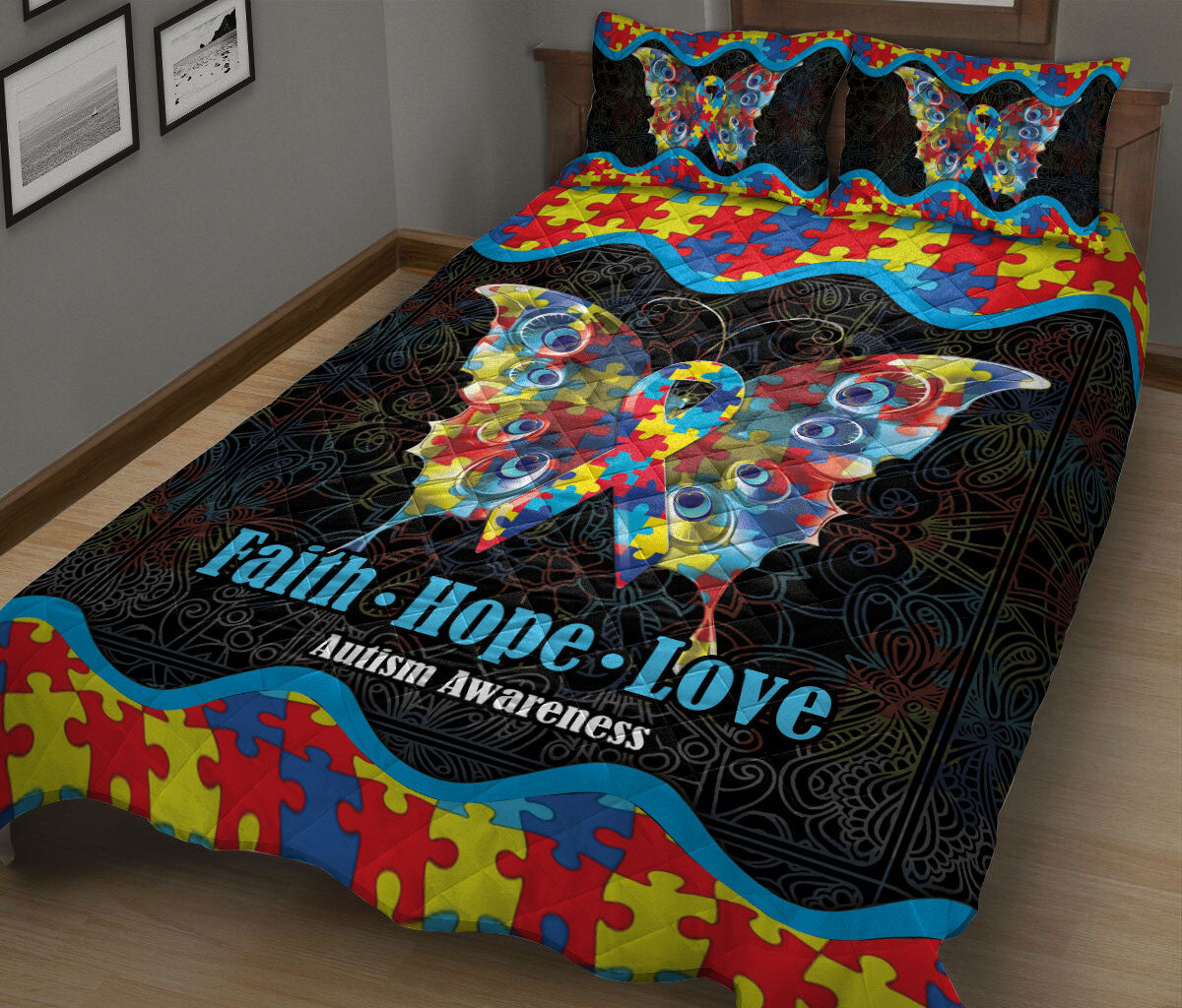 Autism Quilt Bedding Set : Autism Awareness Butterfly F-H-L