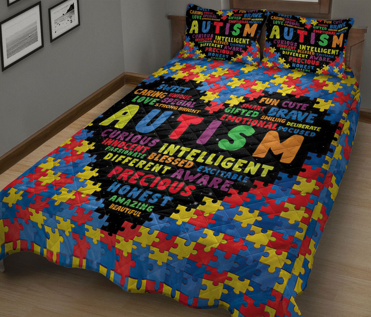 Autism Quilt Bedding Set : Heart Puzzle Piece