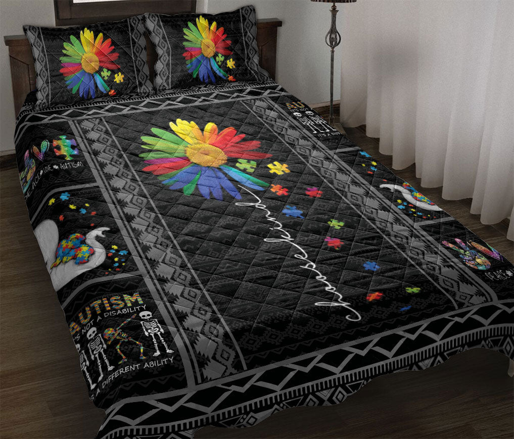 Autism Quilt Bedding Set : Autism Awareness Rainbow Sunflower Choose Kind Black