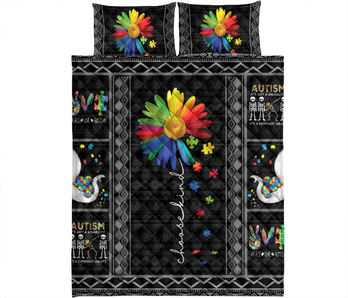 Autism Quilt Bedding Set : Autism Awareness Rainbow Sunflower Choose Kind Black