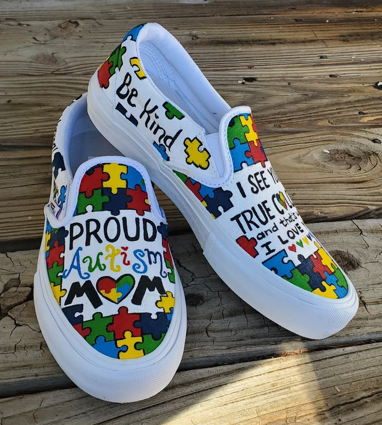 Autism Mom Puzzle Piece Proud Autism Mom Be Kind Shoes