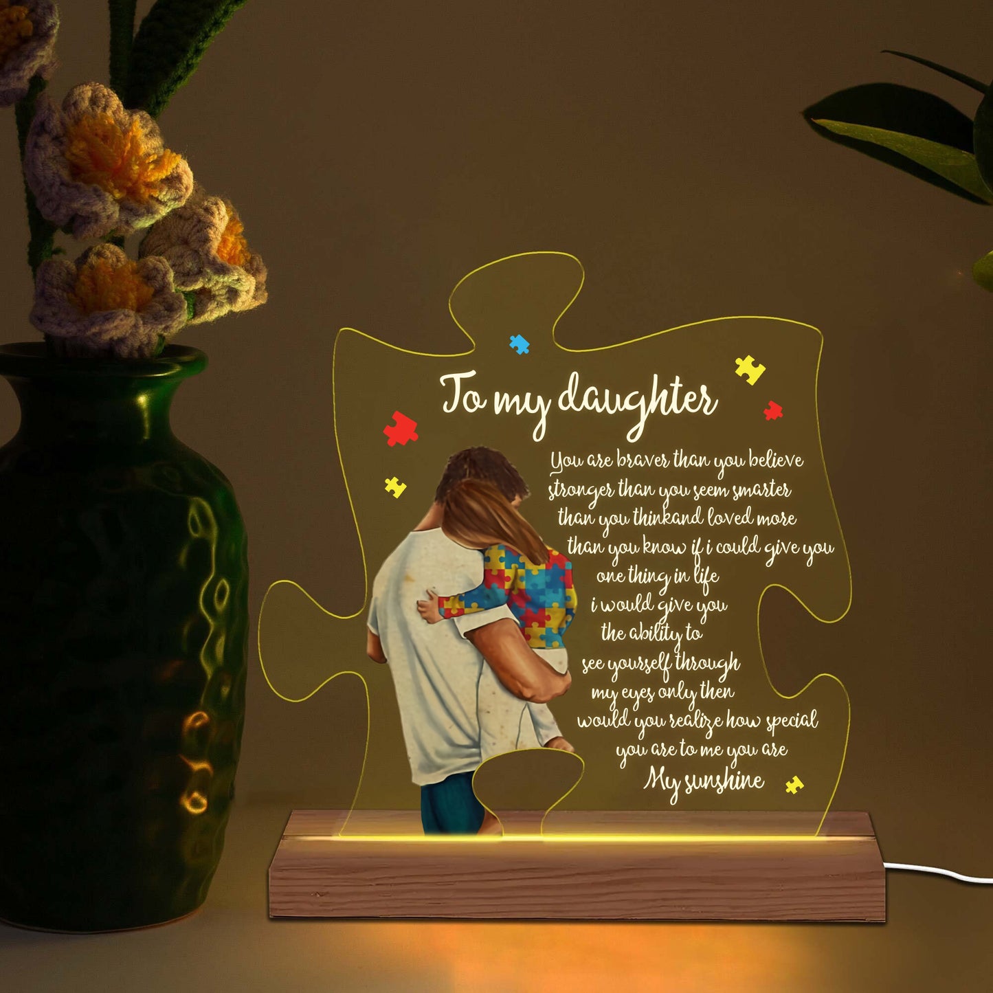 Personalized Autism Dad To My Daughter 3D Multicolor Led Light Wooden Base, Custom Name Autism Puzzle Piece Night Light, Autism Awareness Lamp