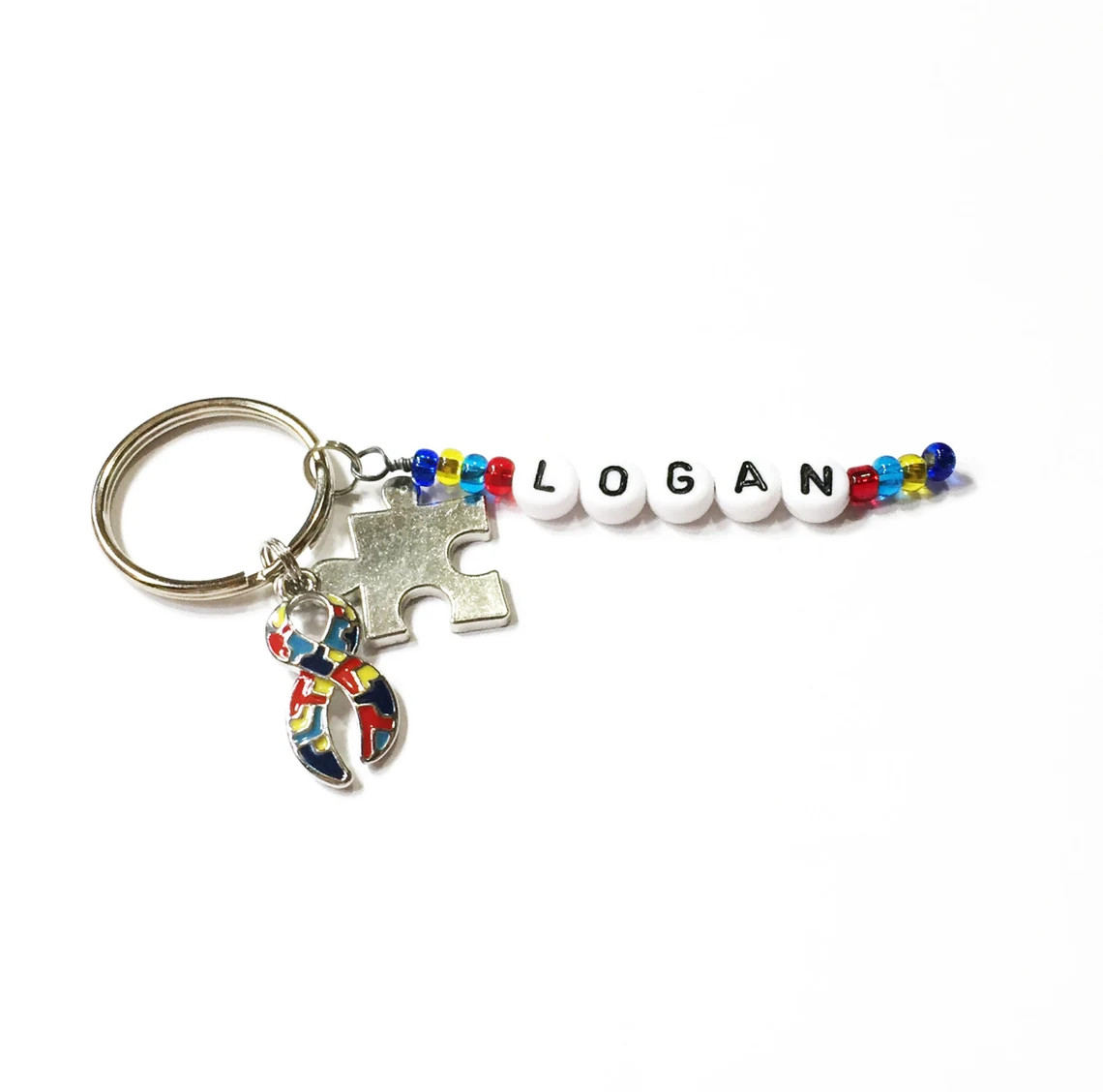 Autism Awareness Ribbon Charm Personalized Name Keyring Key Chain. Keyring, Keychain, Zipper Pull, Bookmark, Tote Charm, Purse Charm