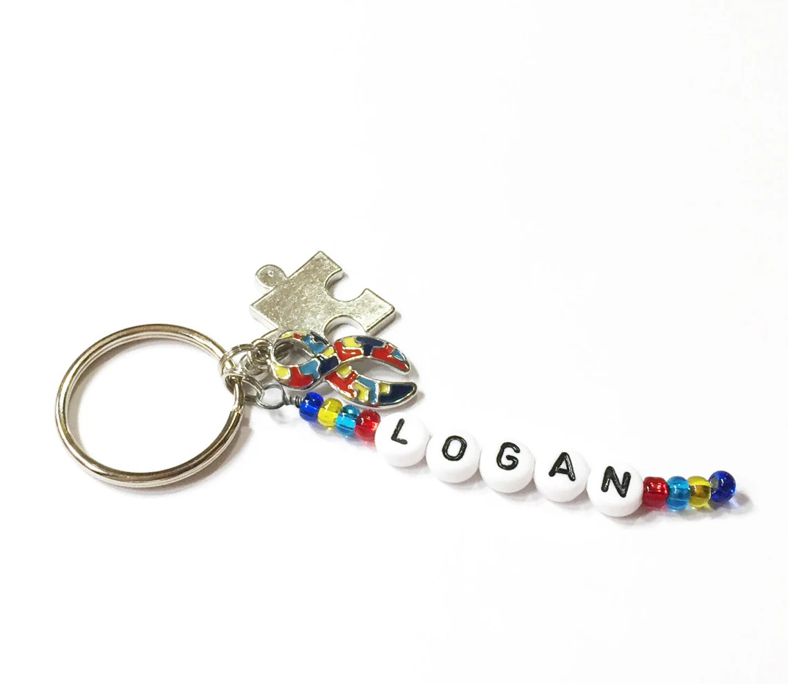 Autism Awareness Ribbon Charm Personalized Name Keyring Key Chain. Keyring, Keychain, Zipper Pull, Bookmark, Tote Charm, Purse Charm