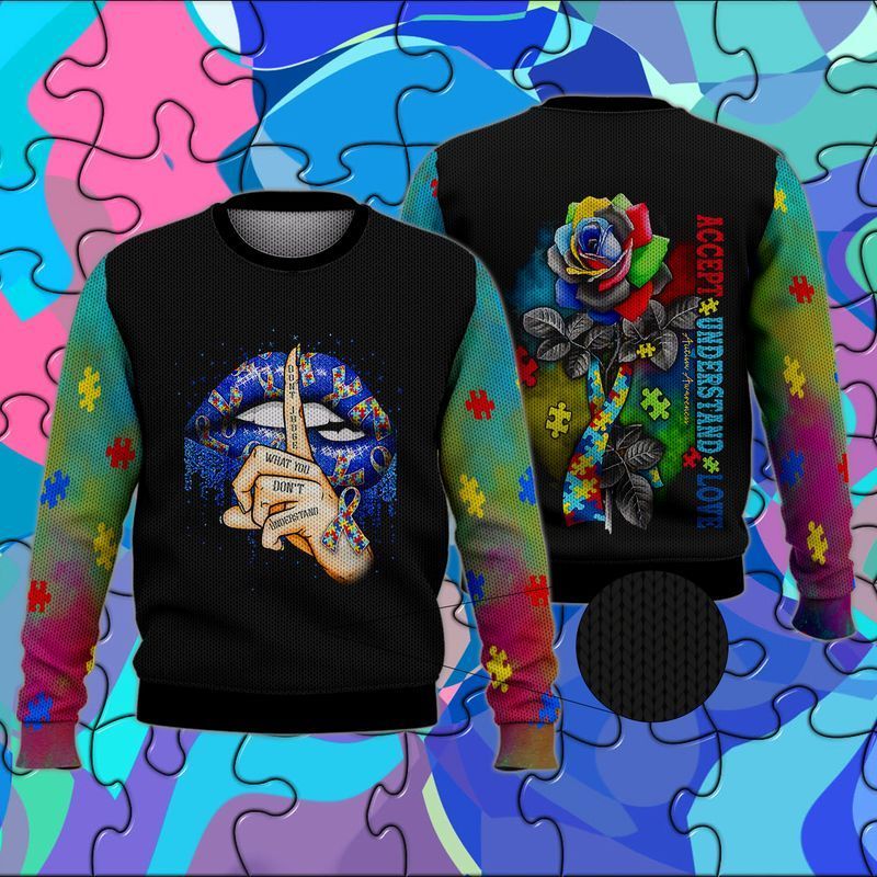 Accept Understand Love Autism Puzzles Lips Rose Ugly Christmas Sweater - Best Christmas Gifts 2025