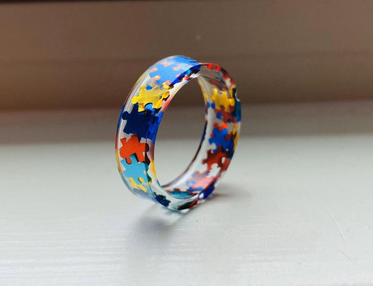 Autism Awareness Puzzle Pieces Resin Ring Jewelry