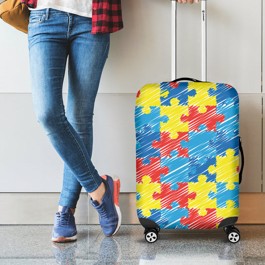 Autism Awareness Drawing Puzzle Print Travel Luggage Cover Washable Elastic Suitcase Protector