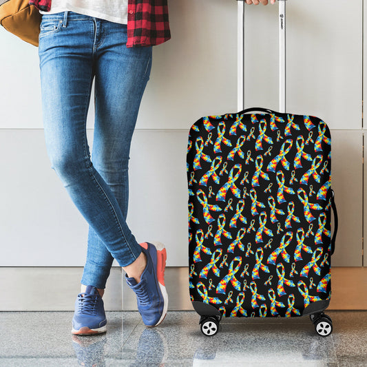 Autism Awareness Ribbon Pattern Print Travel Luggage Cover Washable Elastic Suitcase Protector