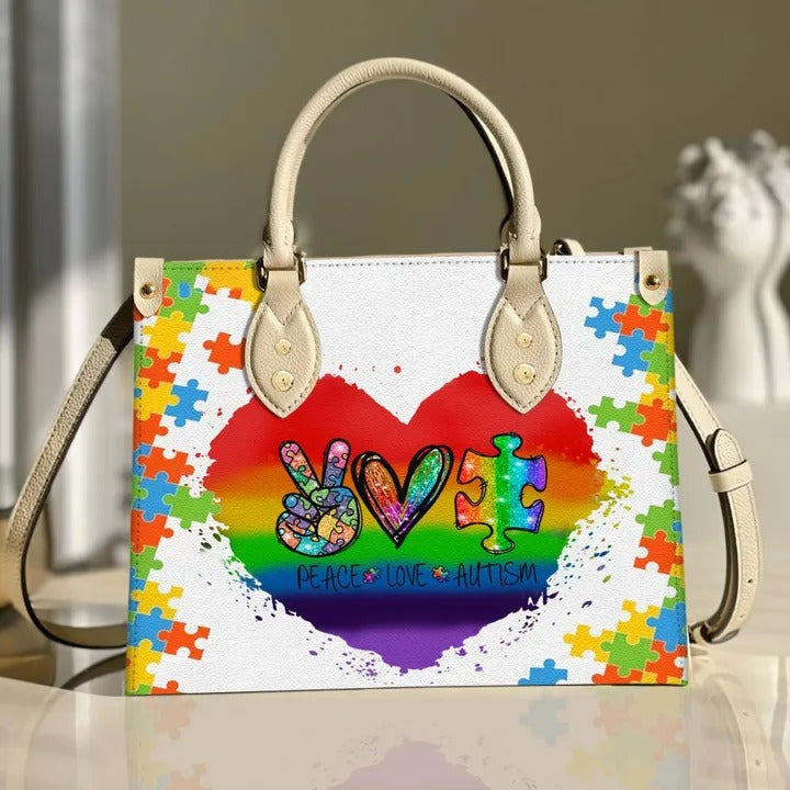 Autism Peace Love Purse Tote Bag Handbag