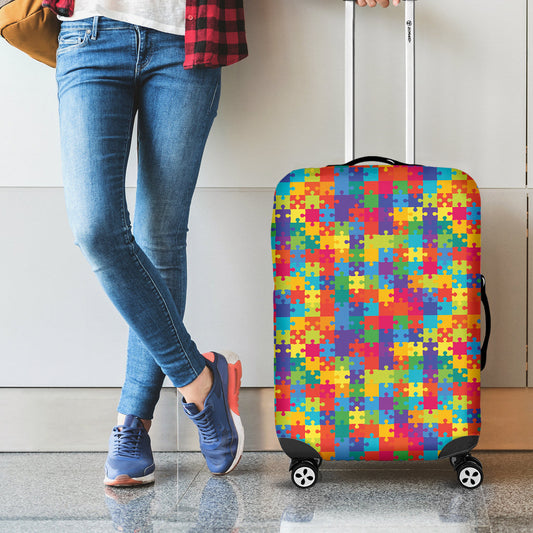 Colorful Autism Awareness Jigsaw Print Travel Luggage Cover Washable Elastic Suitcase Protector