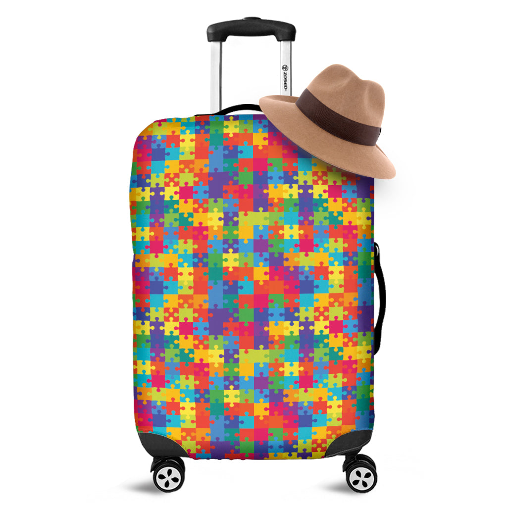Colorful Autism Awareness Jigsaw Print Travel Luggage Cover Washable Elastic Suitcase Protector