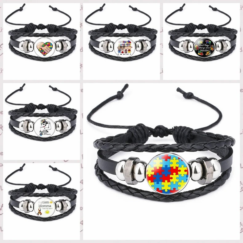 Fashion Jewelry Leather Bracelet Caring for Children with Autism Series Glass Pendant Black Leather Multilayer Knitted Bracelet