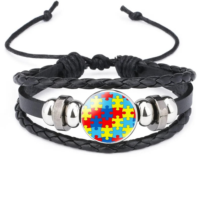 Fashion Jewelry Leather Bracelet Caring for Children with Autism Series Glass Pendant Black Leather Multilayer Knitted Bracelet