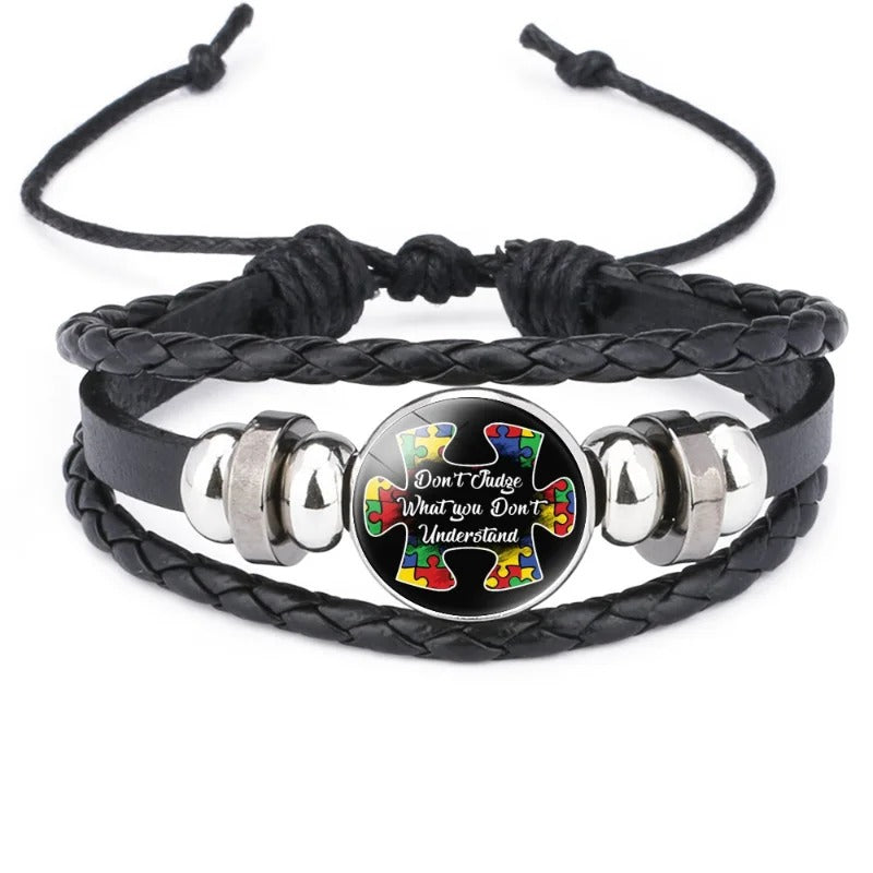 Fashion Jewelry Leather Bracelet Caring for Children with Autism Series Glass Pendant Black Leather Multilayer Knitted Bracelet