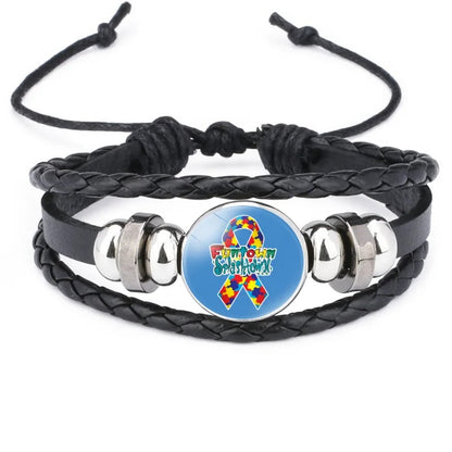 Fashion Jewelry Leather Bracelet Caring for Children with Autism Series Glass Pendant Black Leather Multilayer Knitted Bracelet