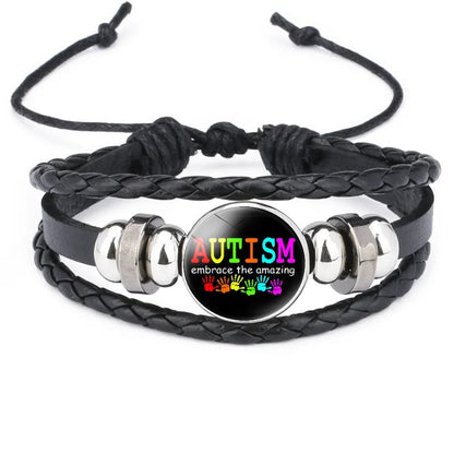 Fashion Jewelry Leather Bracelet Caring for Children with Autism Series Glass Pendant Black Leather Multilayer Knitted Bracelet