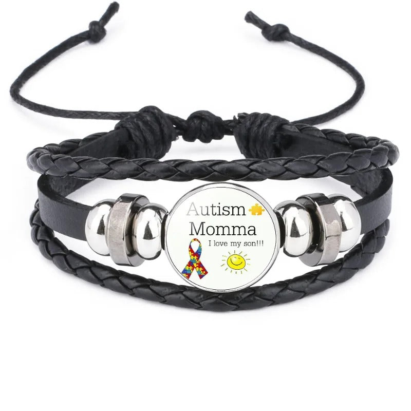 Fashion Jewelry Leather Bracelet Caring for Children with Autism Series Glass Pendant Black Leather Multilayer Knitted Bracelet