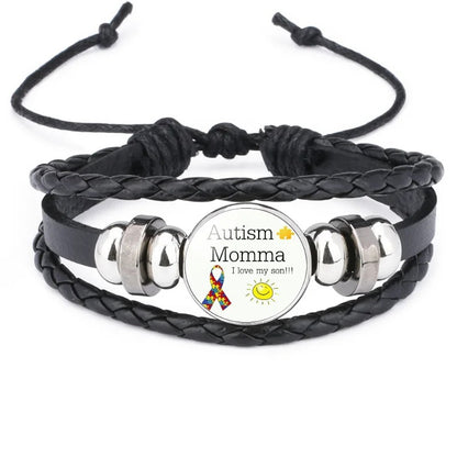 Fashion Jewelry Leather Bracelet Caring for Children with Autism Series Glass Pendant Black Leather Multilayer Knitted Bracelet