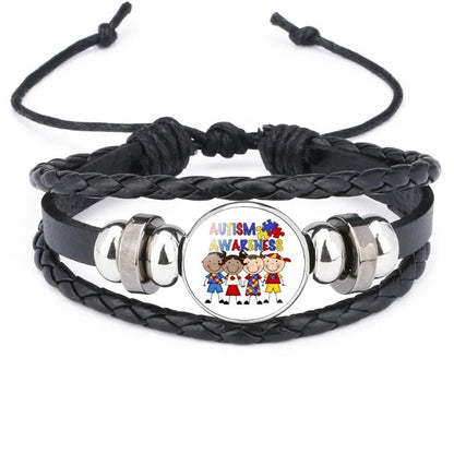 Fashion Jewelry Leather Bracelet Caring for Children with Autism Series Glass Pendant Black Leather Multilayer Knitted Bracelet