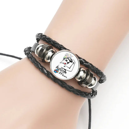 Fashion Jewelry Leather Bracelet Caring for Children with Autism Series Glass Pendant Black Leather Multilayer Knitted Bracelet