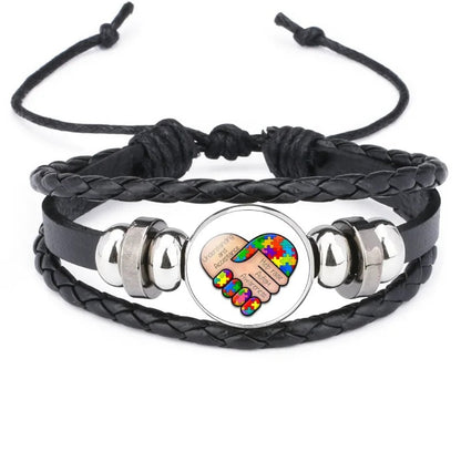 Fashion Jewelry Leather Bracelet Caring for Children with Autism Series Glass Pendant Black Leather Multilayer Knitted Bracelet