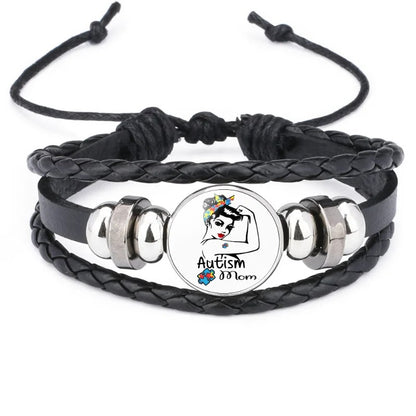 Fashion Jewelry Leather Bracelet Caring for Children with Autism Series Glass Pendant Black Leather Multilayer Knitted Bracelet