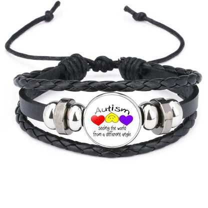 Fashion Jewelry Leather Bracelet Caring for Children with Autism Series Glass Pendant Black Leather Multilayer Knitted Bracelet