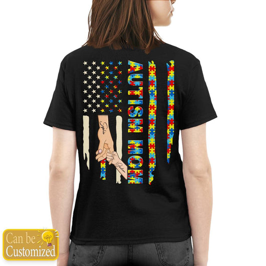 Personalized Autism Mom Awareness American Flag Tshirt ( Made In USA )