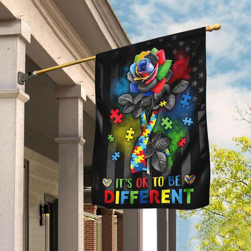 It's Ok To Be Different, Puzzle Piece Rose, Autism Awareness Flag, House & Garden Flag