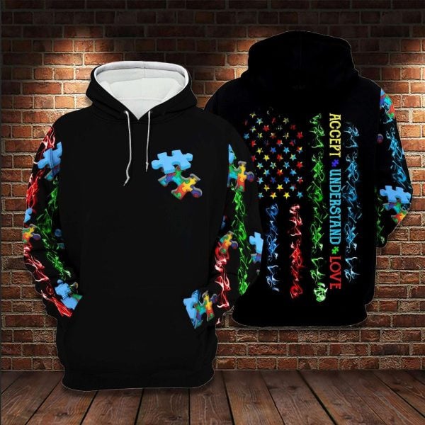 American Flag Colorful Puzzle Piece Autism Awareness Hoodie